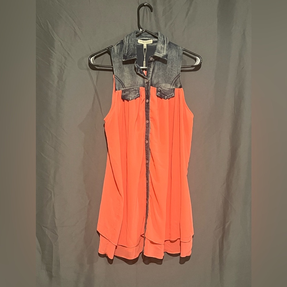 Sleeveless Coral Tank with Denim Yoke - Women